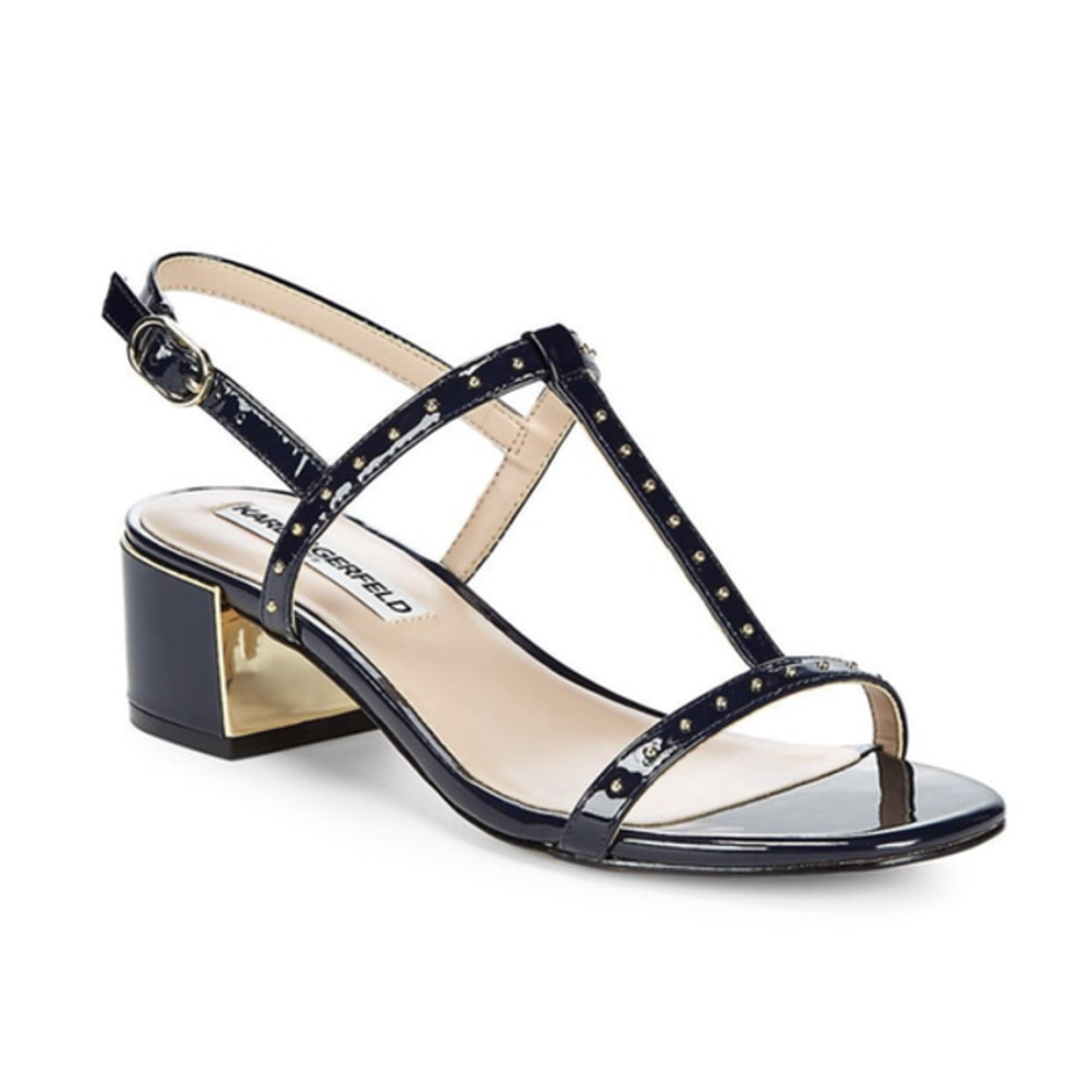 Karl Lagerfeld Black Patent Sandals Gold Accent Size 7